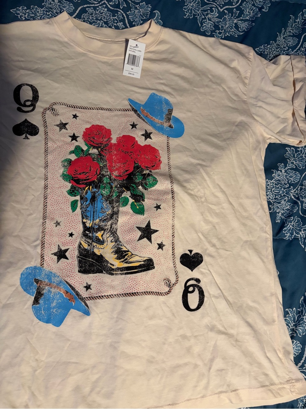 Cream Graphic Tee with Red Rose & Blue Hat Motif